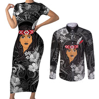 New Zealand Custom Women's Day Couples Matching Short Sleeve Bodycon Dress and Long Sleeve Button Shirt Maori Girl Feathers of Hope - Black LT9 Black - Polynesian Pride