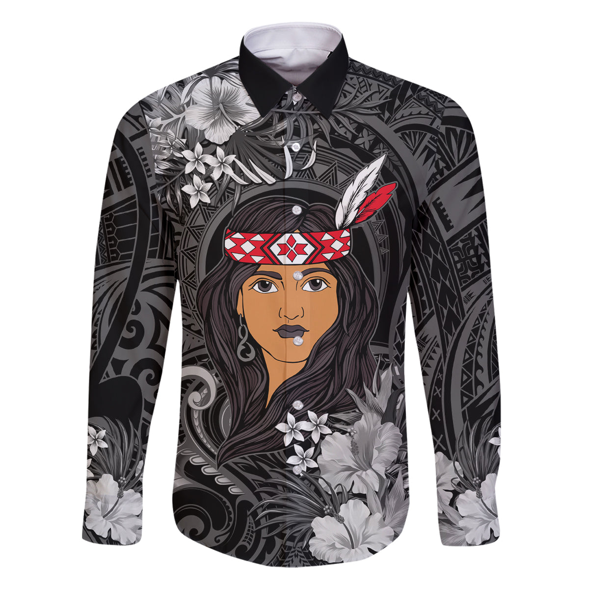 New Zealand Custom Women's Day Family Matching Off Shoulder Long Sleeve Dress and Hawaiian Shirt Maori Girl Feathers of Hope - Black LT9 Dad's Shirt - Long Sleeve Black - Polynesian Pride