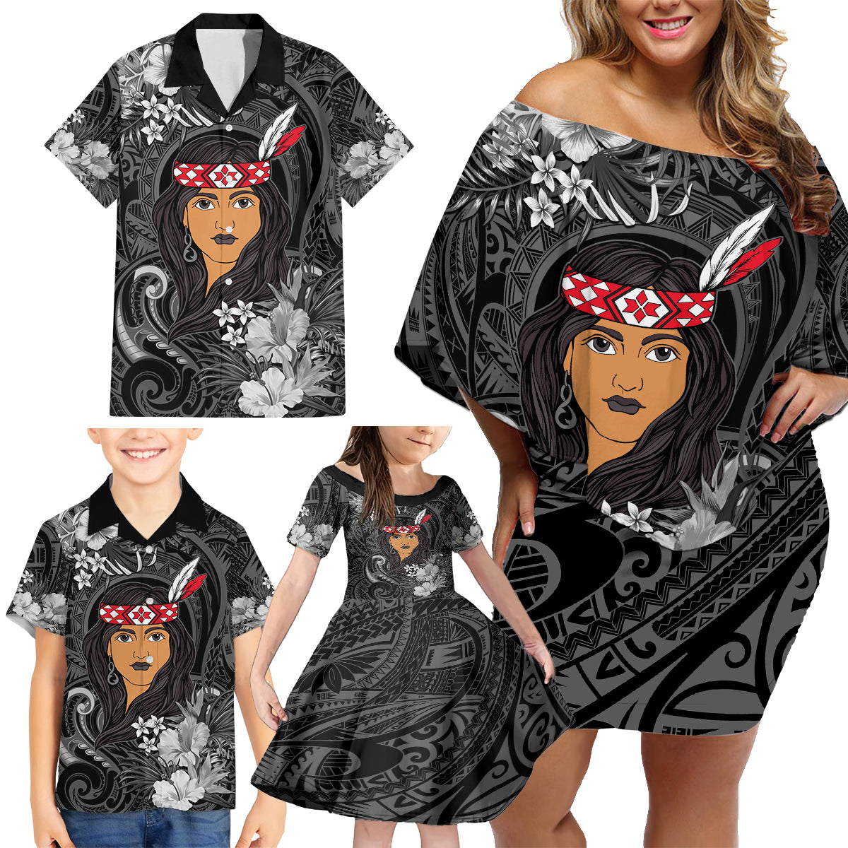 New Zealand Custom Women's Day Family Matching Off Shoulder Short Dress and Hawaiian Shirt Maori Girl Feathers of Hope - Black LT9 - Polynesian Pride