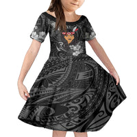New Zealand Custom Women's Day Family Matching Puletasi and Hawaiian Shirt Maori Girl Feathers of Hope - Black LT9 Daughter's Dress Black - Polynesian Pride