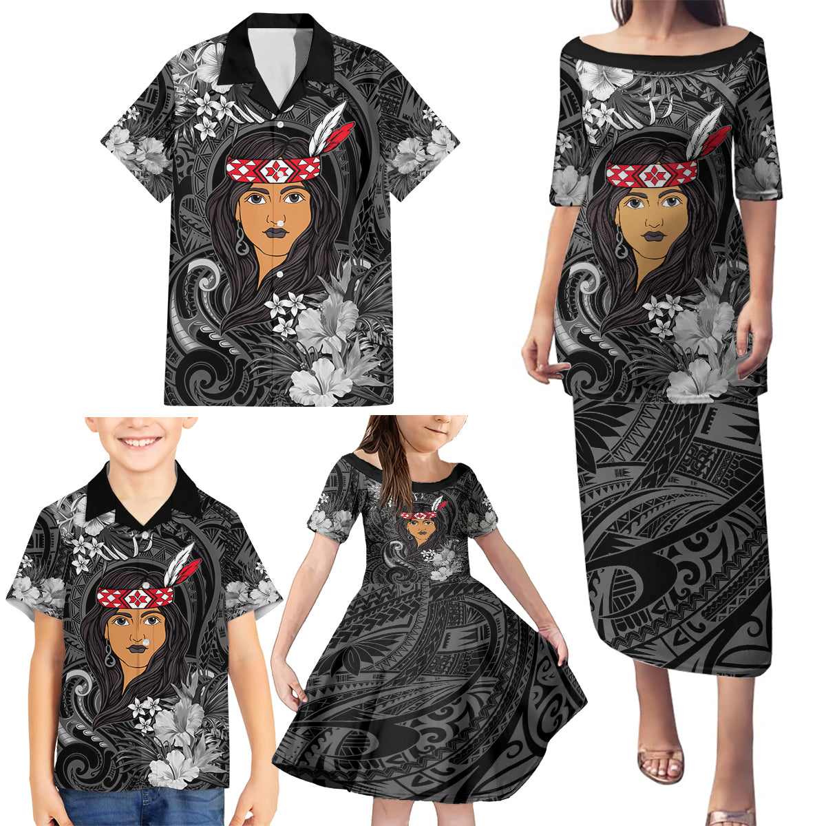 New Zealand Custom Women's Day Family Matching Puletasi and Hawaiian Shirt Maori Girl Feathers of Hope - Black LT9 - Polynesian Pride