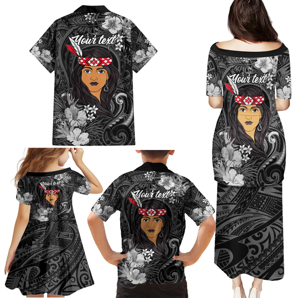 New Zealand Custom Women's Day Family Matching Puletasi and Hawaiian Shirt Maori Girl Feathers of Hope - Black LT9 - Polynesian Pride