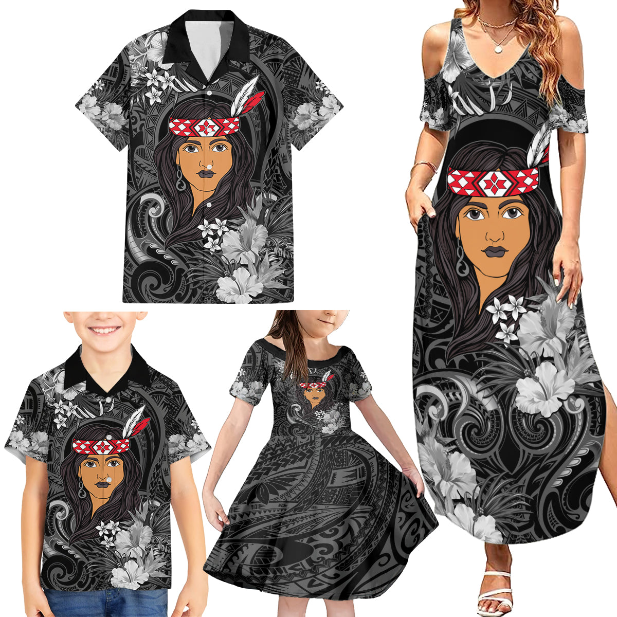 New Zealand Custom Women's Day Family Matching Summer Maxi Dress and Hawaiian Shirt Maori Girl Feathers of Hope - Black LT9 - Polynesian Pride