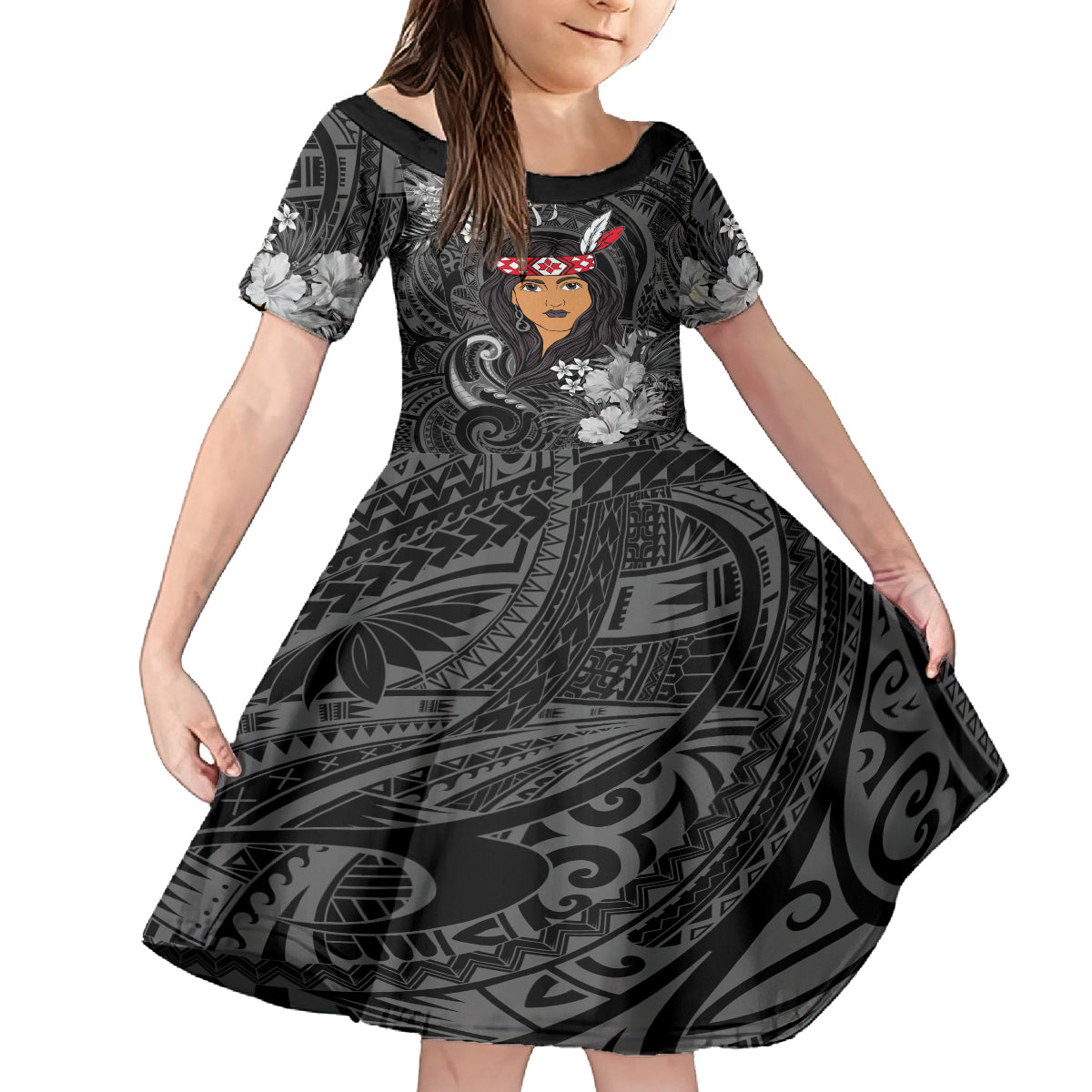 New Zealand Custom Women's Day Family Matching Tank Maxi Dress and Hawaiian Shirt Maori Girl Feathers of Hope - Black LT9 Daughter's Dress Black - Polynesian Pride