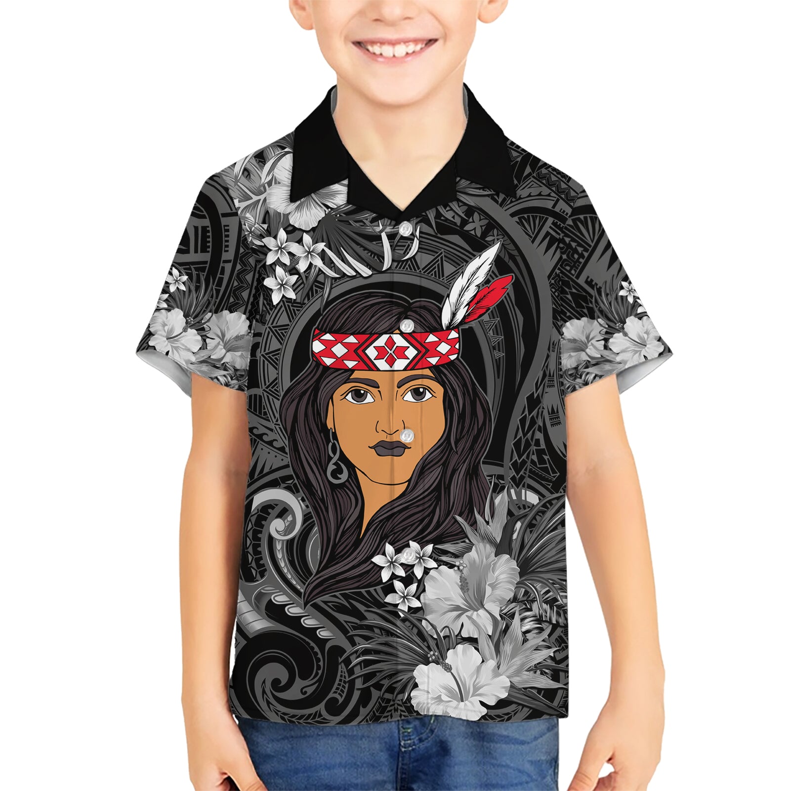 New Zealand Custom Women's Day Kid Hawaiian Shirt Maori Girl Feathers of Hope - Black LT9 Kid Black - Polynesian Pride