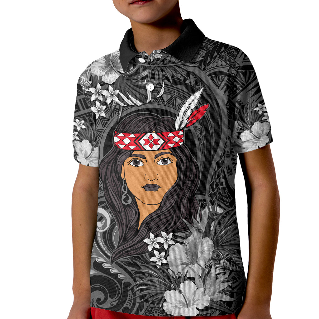 New Zealand Custom Women's Day Kid Polo Shirt Maori Girl Feathers of Hope - Black LT9 Kid Black - Polynesian Pride