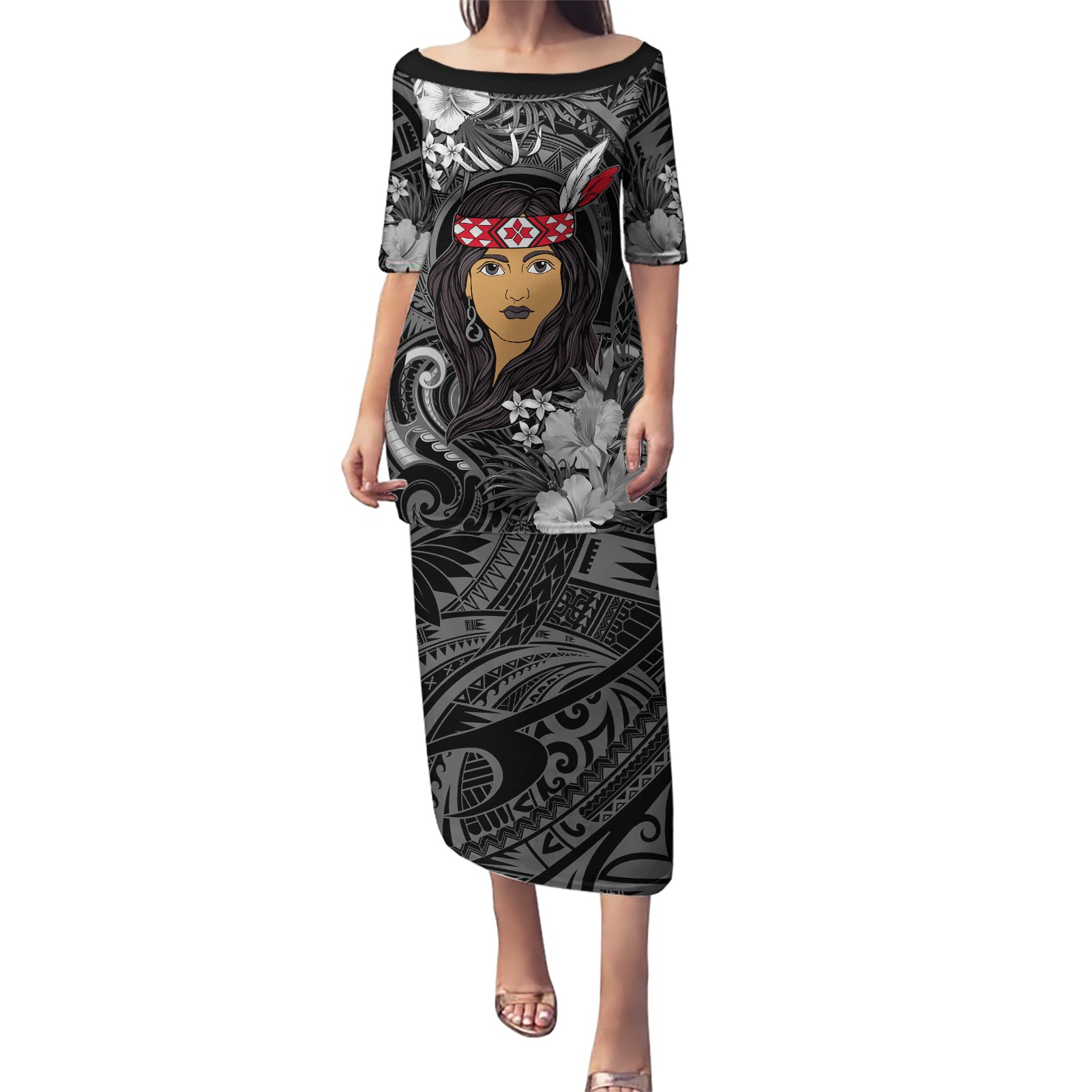 New Zealand Custom Women's Day Puletasi Maori Girl Feathers of Hope - Black LT9 Long Dress Black - Polynesian Pride