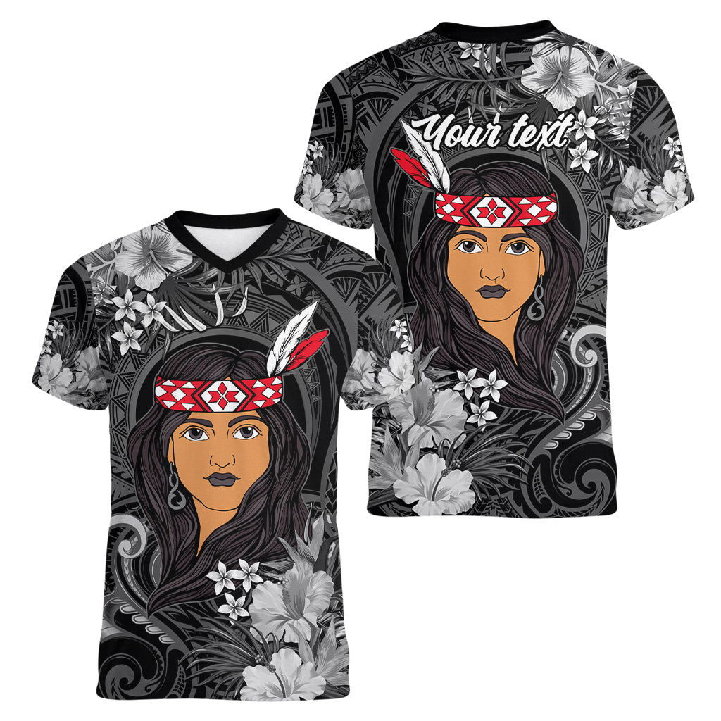 New Zealand Custom Women's Day Women V Neck T Shirt Maori Girl Feathers of Hope - Black LT9 - Polynesian Pride