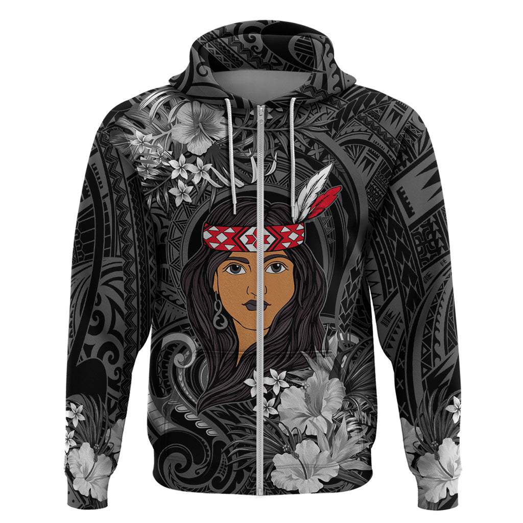 New Zealand Custom Women's Day Zip Hoodie Maori Girl Feathers of Hope - Black LT9 Zip Hoodie Black - Polynesian Pride