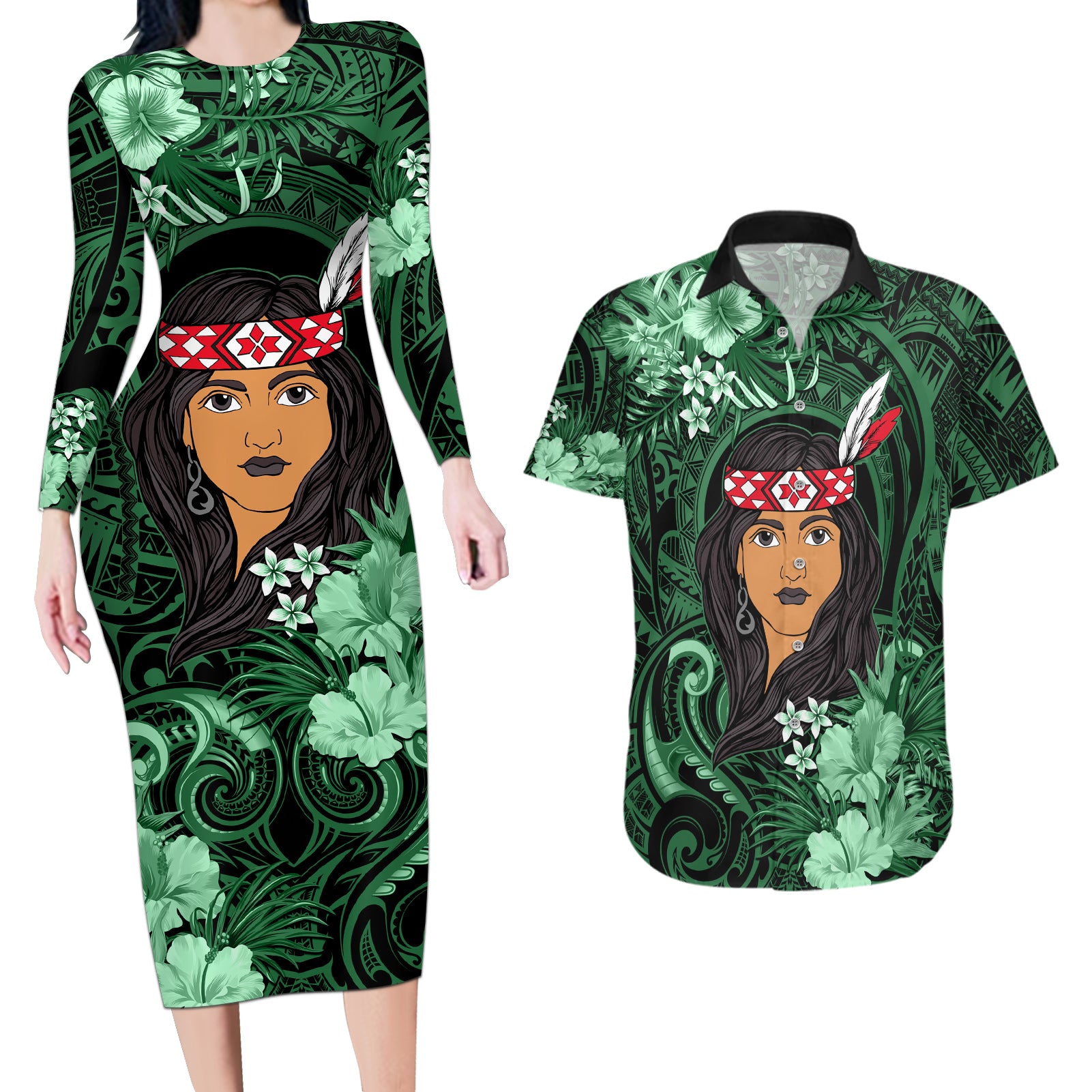 New Zealand Custom Women's Day Couples Matching Long Sleeve Bodycon Dress and Hawaiian Shirt Maori Girl Feathers of Hope - Green LT9 Green - Polynesian Pride