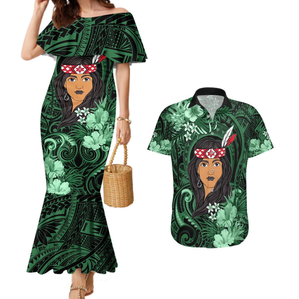 New Zealand Custom Women's Day Couples Matching Mermaid Dress and Hawaiian Shirt Maori Girl Feathers of Hope - Green LT9 Green - Polynesian Pride
