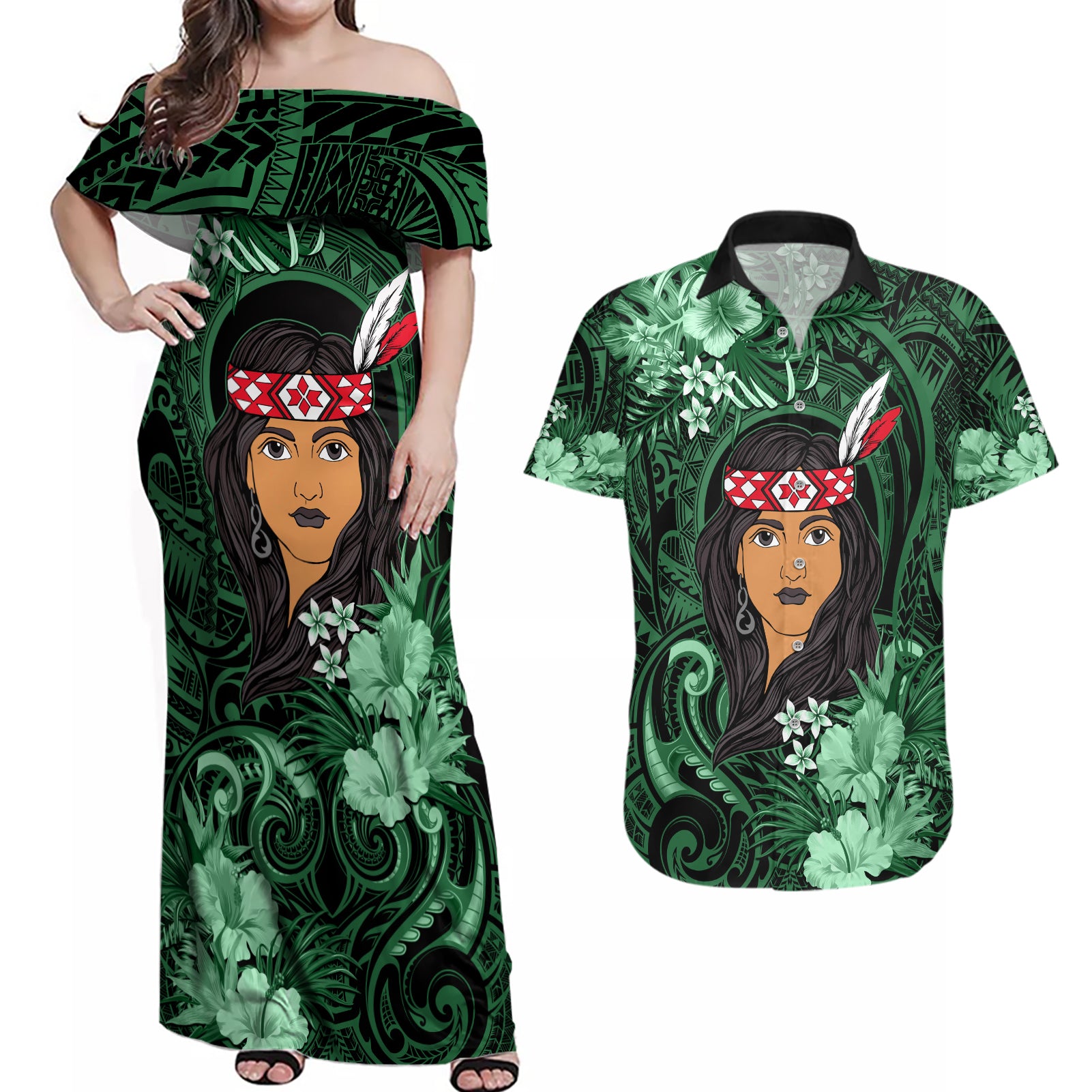 New Zealand Custom Women's Day Couples Matching Off Shoulder Maxi Dress and Hawaiian Shirt Maori Girl Feathers of Hope - Green LT9 Green - Polynesian Pride