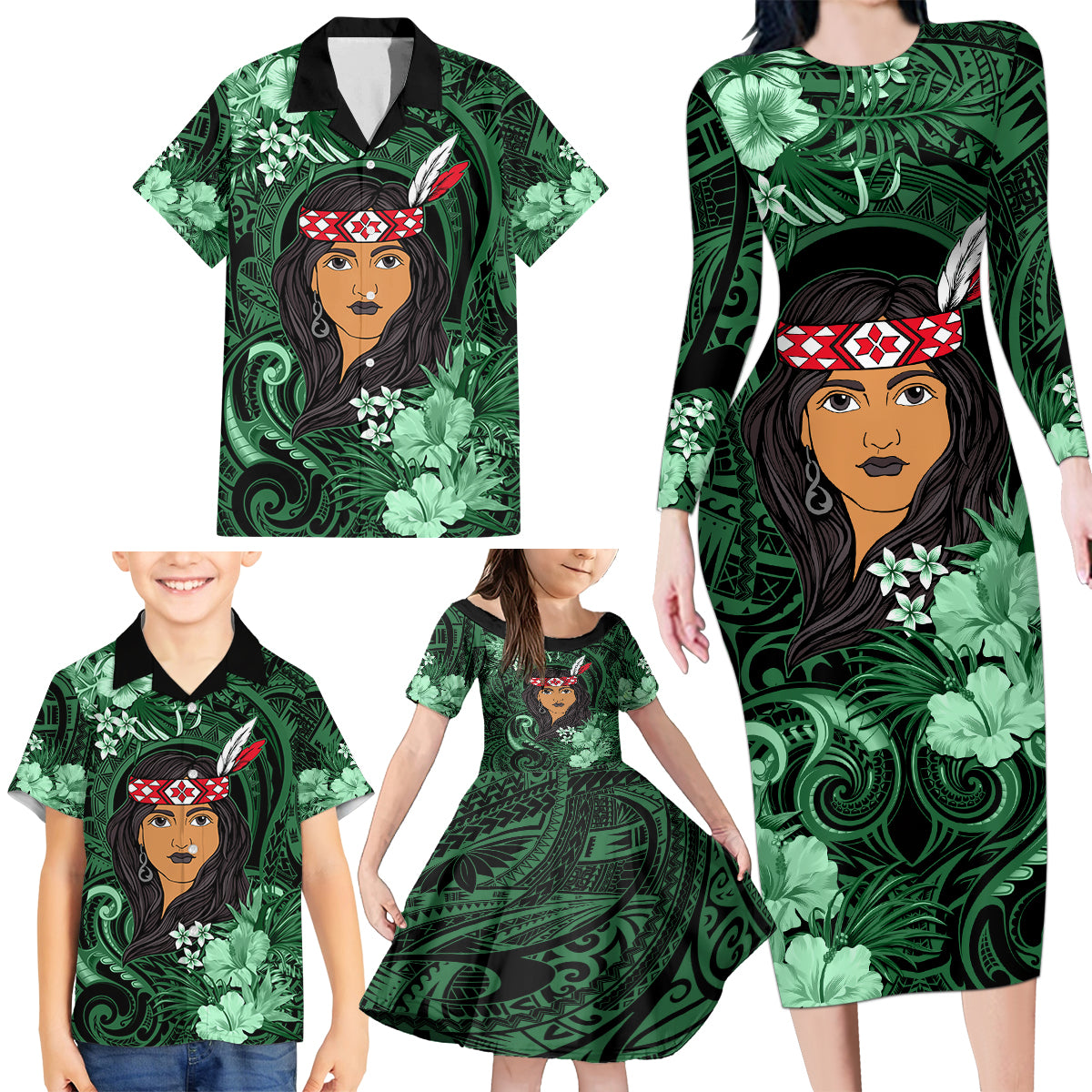 New Zealand Custom Women's Day Family Matching Long Sleeve Bodycon Dress and Hawaiian Shirt Maori Girl Feathers of Hope - Green LT9 - Polynesian Pride