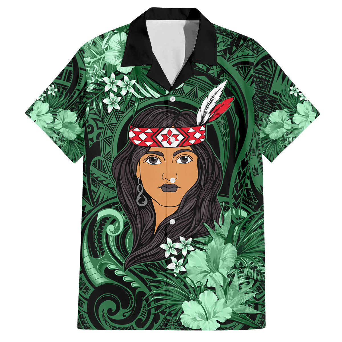 New Zealand Custom Women's Day Family Matching Off Shoulder Maxi Dress and Hawaiian Shirt Maori Girl Feathers of Hope - Green LT9 Dad's Shirt - Short Sleeve Green - Polynesian Pride