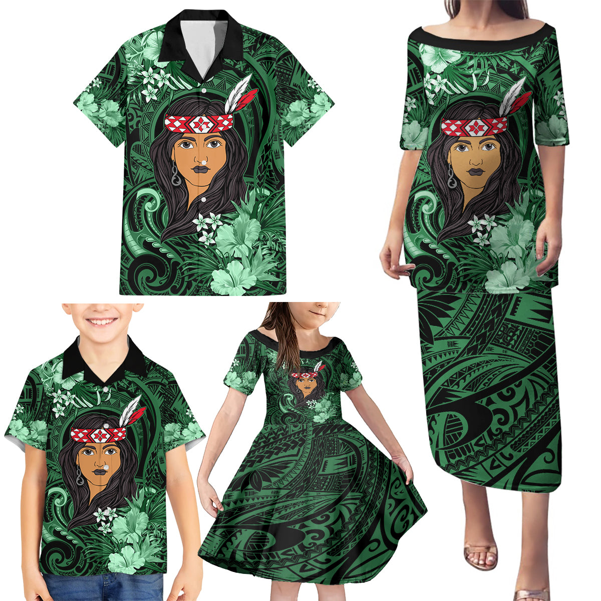 New Zealand Custom Women's Day Family Matching Puletasi and Hawaiian Shirt Maori Girl Feathers of Hope - Green LT9 - Polynesian Pride