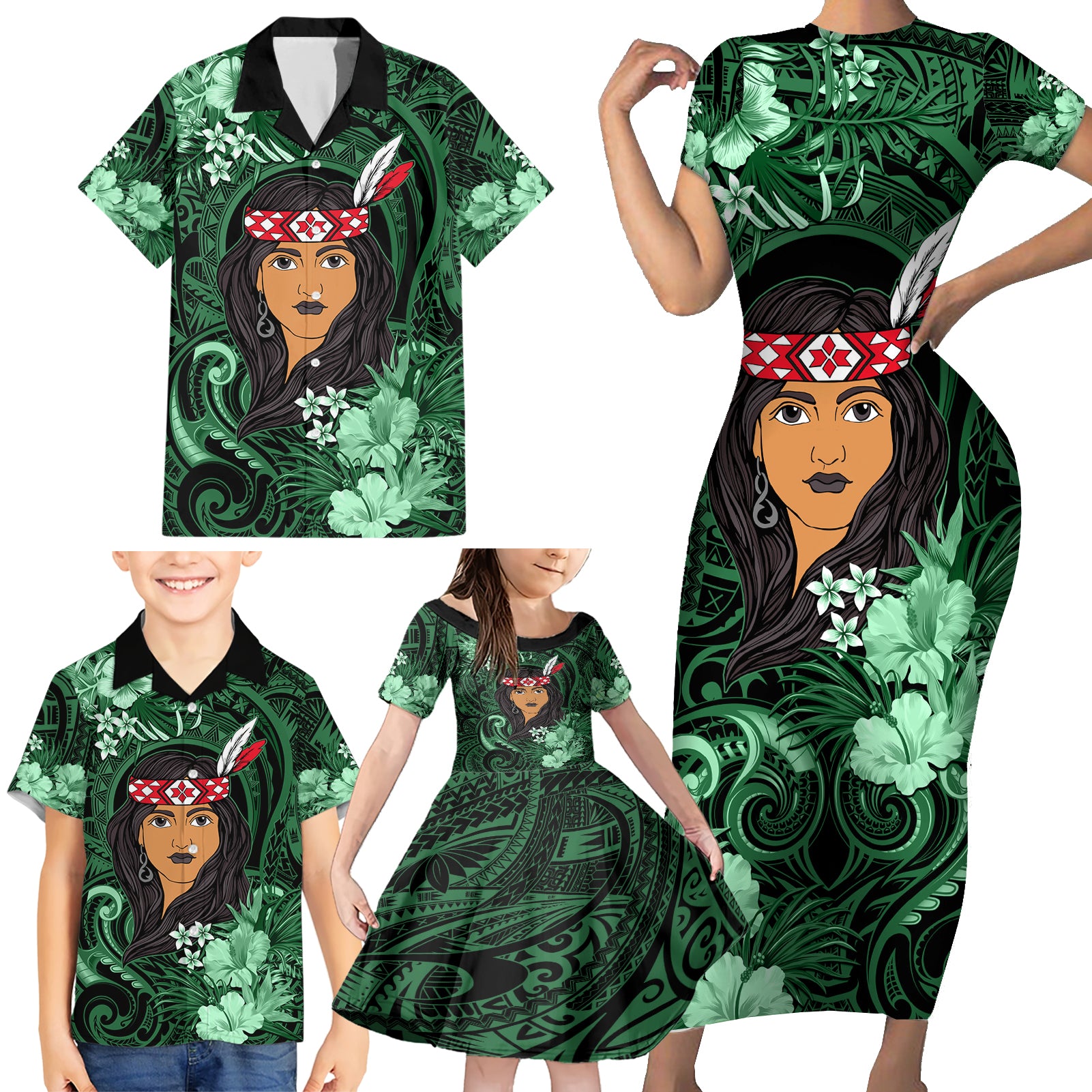 New Zealand Custom Women's Day Family Matching Short Sleeve Bodycon Dress and Hawaiian Shirt Maori Girl Feathers of Hope - Green LT9 - Polynesian Pride