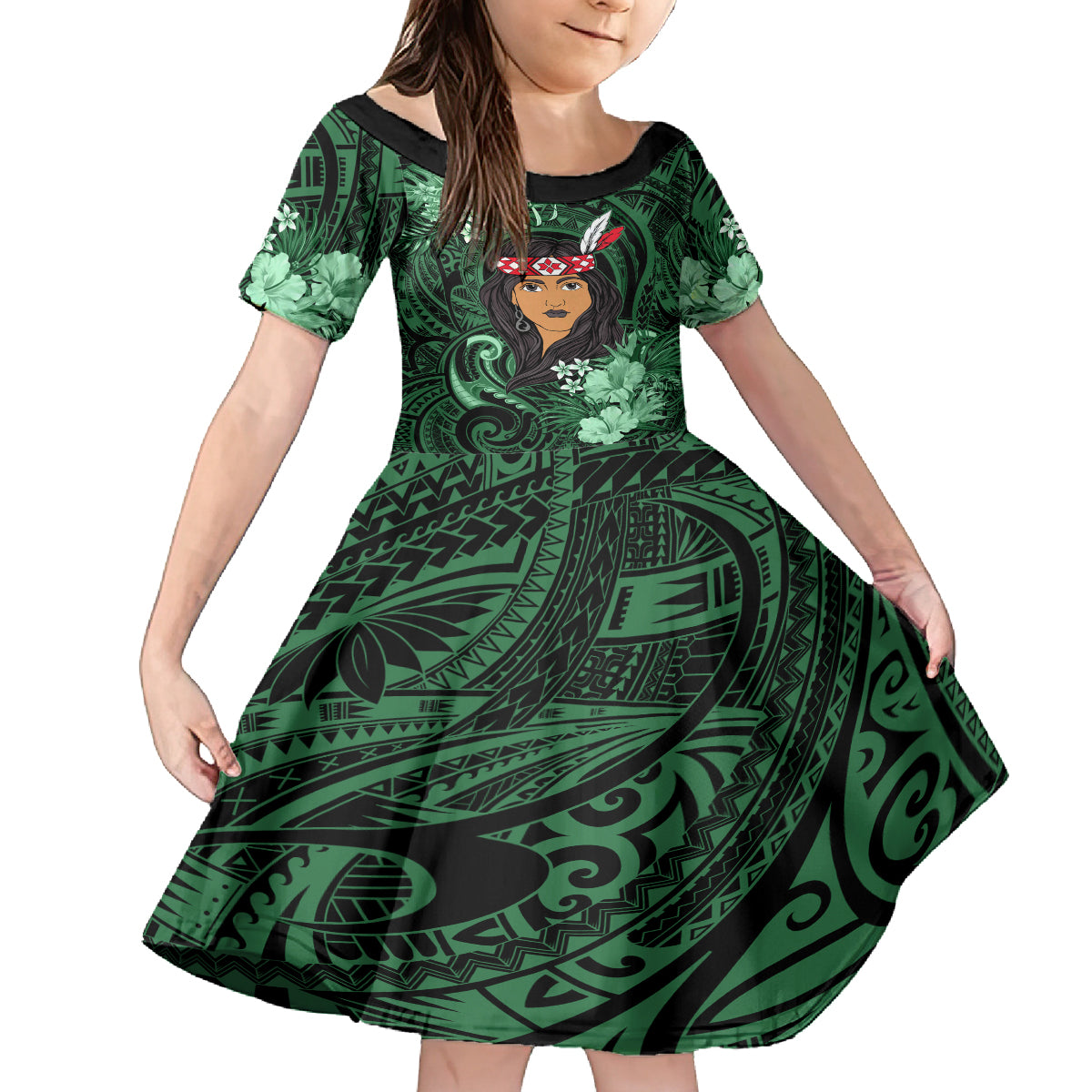 New Zealand Custom Women's Day Family Matching Summer Maxi Dress and Hawaiian Shirt Maori Girl Feathers of Hope - Green LT9 Daughter's Dress Green - Polynesian Pride