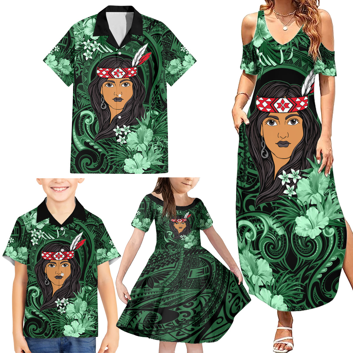 New Zealand Custom Women's Day Family Matching Summer Maxi Dress and Hawaiian Shirt Maori Girl Feathers of Hope - Green LT9 - Polynesian Pride