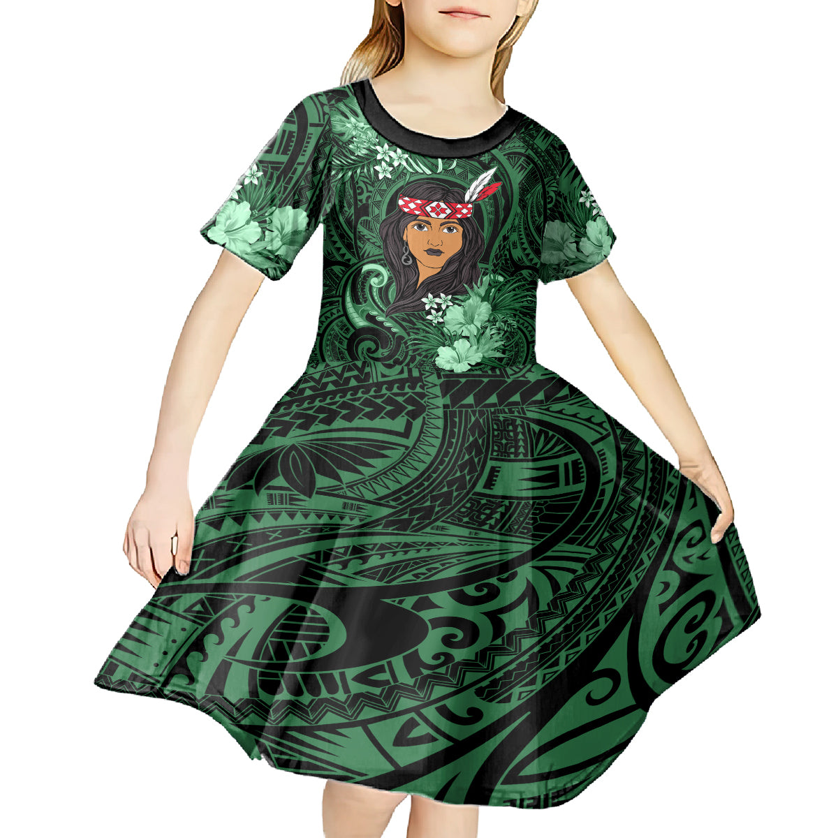 New Zealand Custom Women's Day Kid Short Sleeve Dress Maori Girl Feathers of Hope - Green LT9 - Polynesian Pride