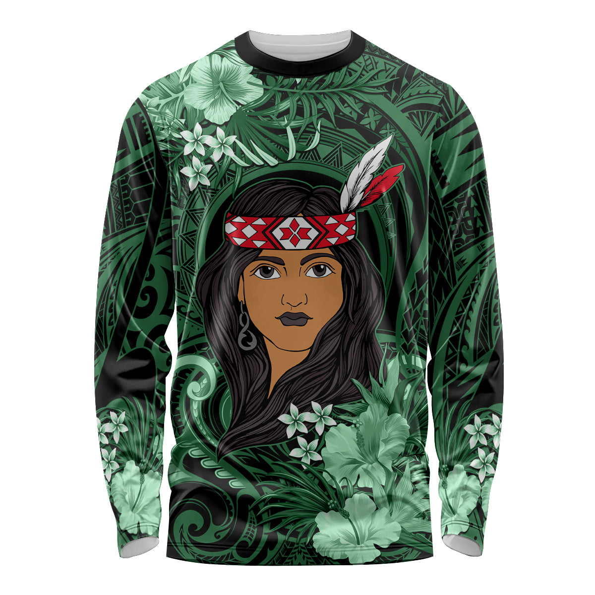 New Zealand Custom Women's Day Long Sleeve Shirt Maori Girl Feathers of Hope - Green LT9 Unisex Green - Polynesian Pride