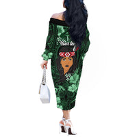 New Zealand Custom Women's Day Off The Shoulder Long Sleeve Dress Maori Girl Feathers of Hope - Green LT9 - Polynesian Pride