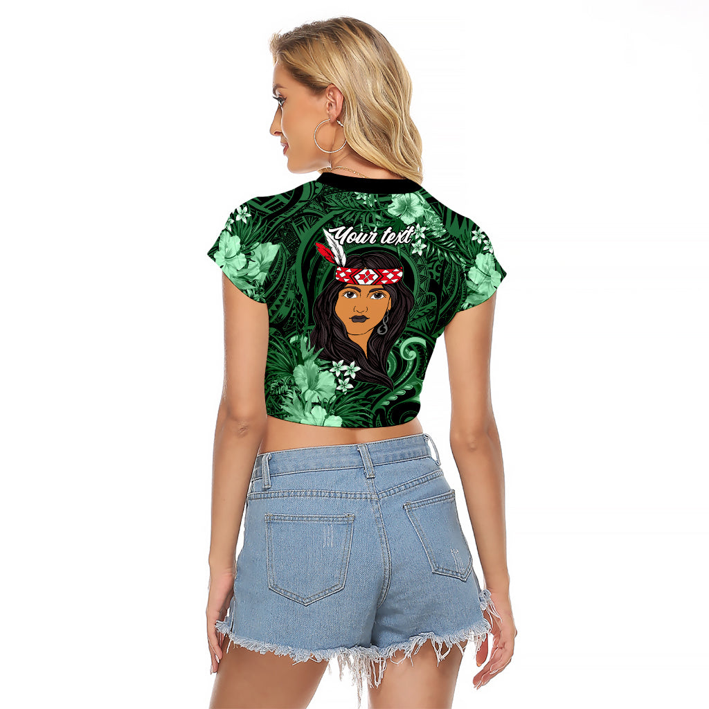 New Zealand Custom Women's Day Raglan Cropped T Shirt Maori Girl Feathers of Hope - Green LT9 - Polynesian Pride