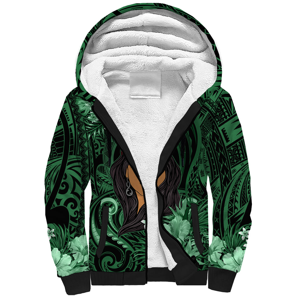 New Zealand Custom Women's Day Sherpa Hoodie Maori Girl Feathers of Hope - Green LT9 Unisex Green - Polynesian Pride