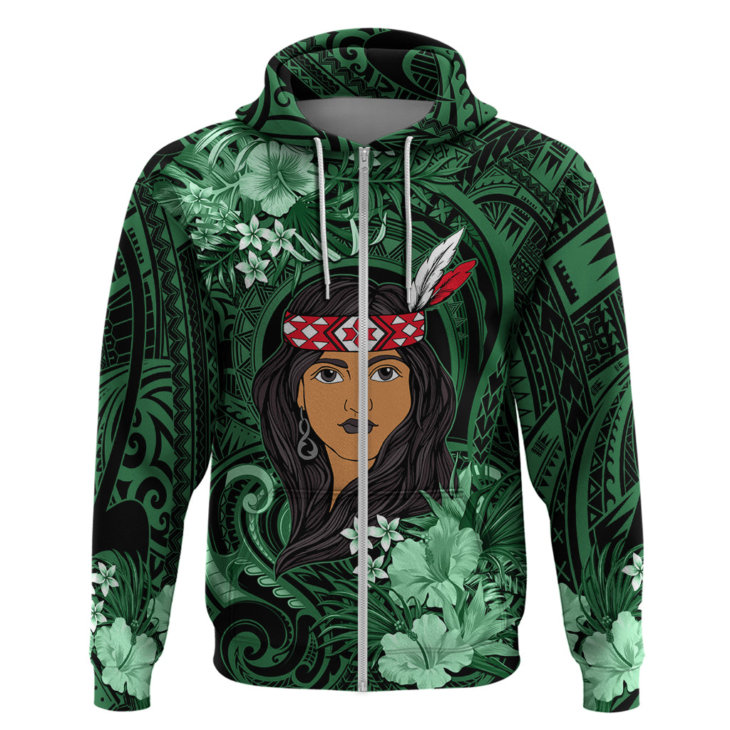 New Zealand Custom Women's Day Zip Hoodie Maori Girl Feathers of Hope - Green LT9 Zip Hoodie Green - Polynesian Pride