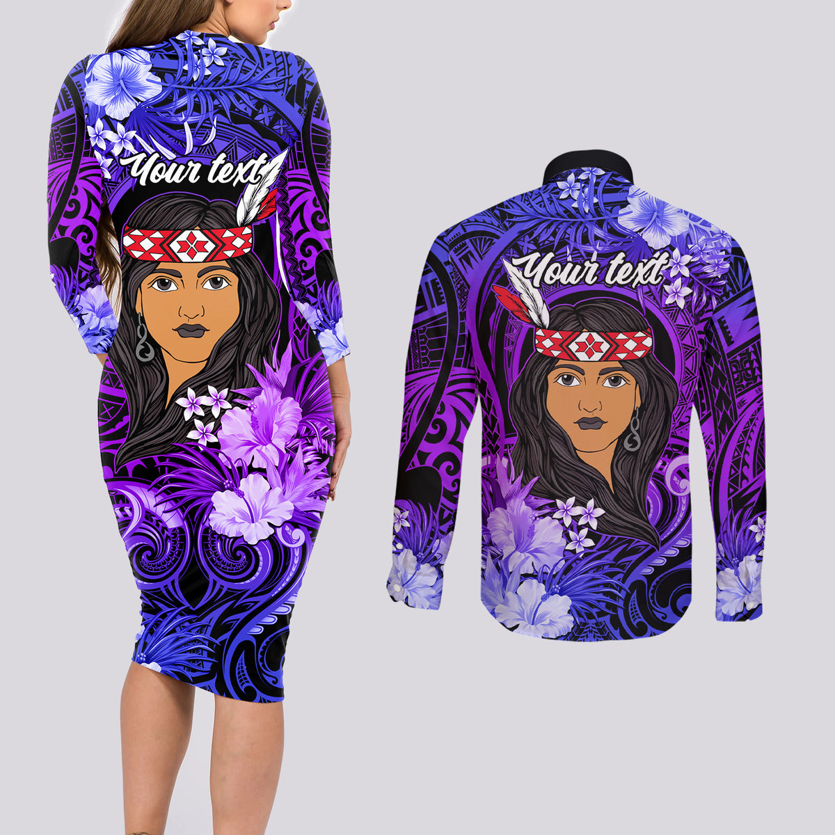 New Zealand Custom Women's Day Couples Matching Long Sleeve Bodycon Dress and Long Sleeve Button Shirt Maori Girl Feathers of Hope - Purple LT9 - Polynesian Pride