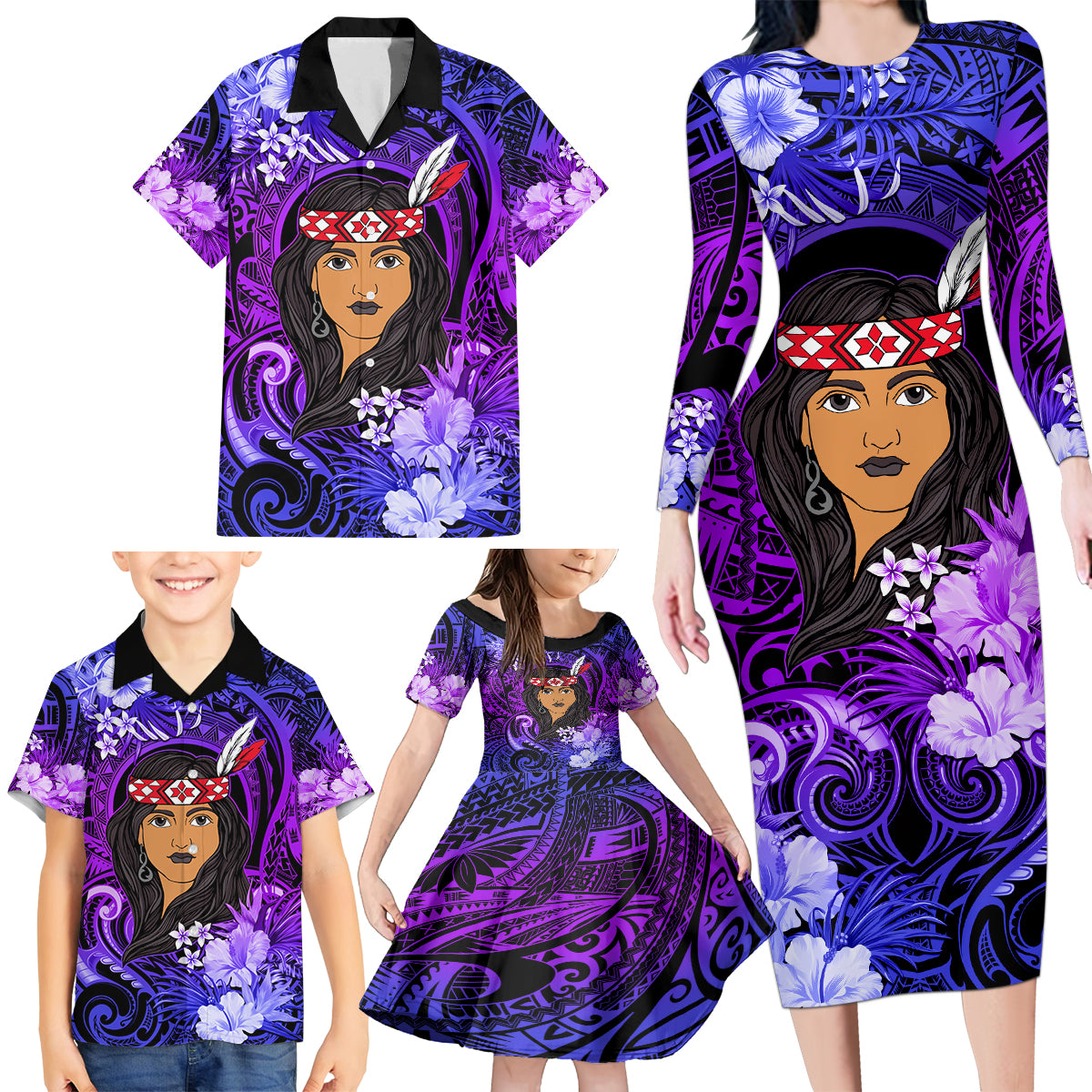 New Zealand Custom Women's Day Family Matching Long Sleeve Bodycon Dress and Hawaiian Shirt Maori Girl Feathers of Hope - Purple LT9 - Polynesian Pride