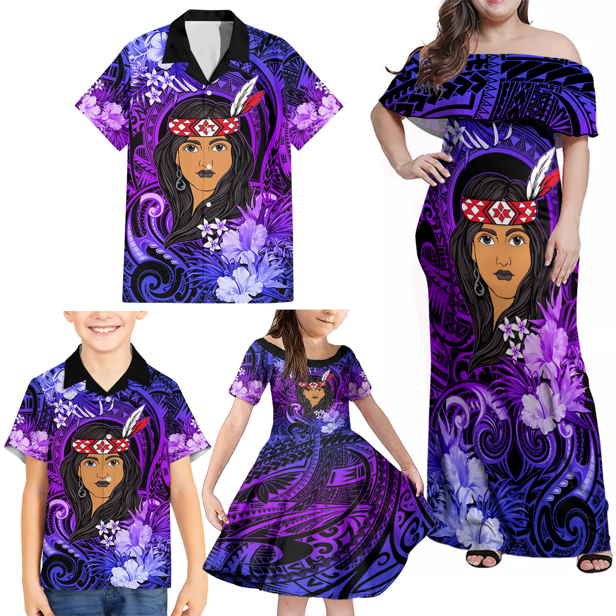 New Zealand Custom Women's Day Family Matching Off Shoulder Maxi Dress and Hawaiian Shirt Maori Girl Feathers of Hope - Purple LT9 - Polynesian Pride