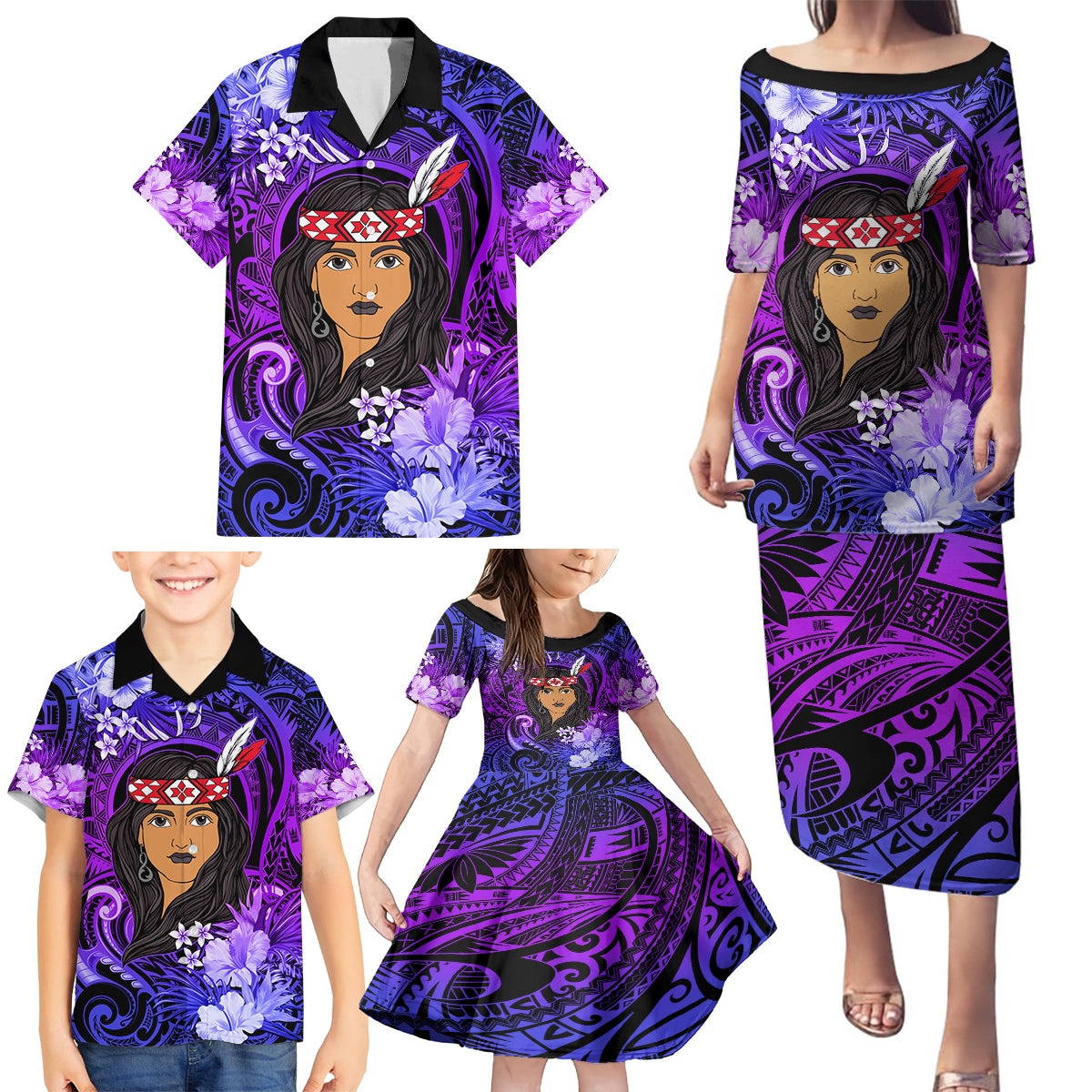 New Zealand Custom Women's Day Family Matching Puletasi and Hawaiian Shirt Maori Girl Feathers of Hope - Purple LT9 - Polynesian Pride