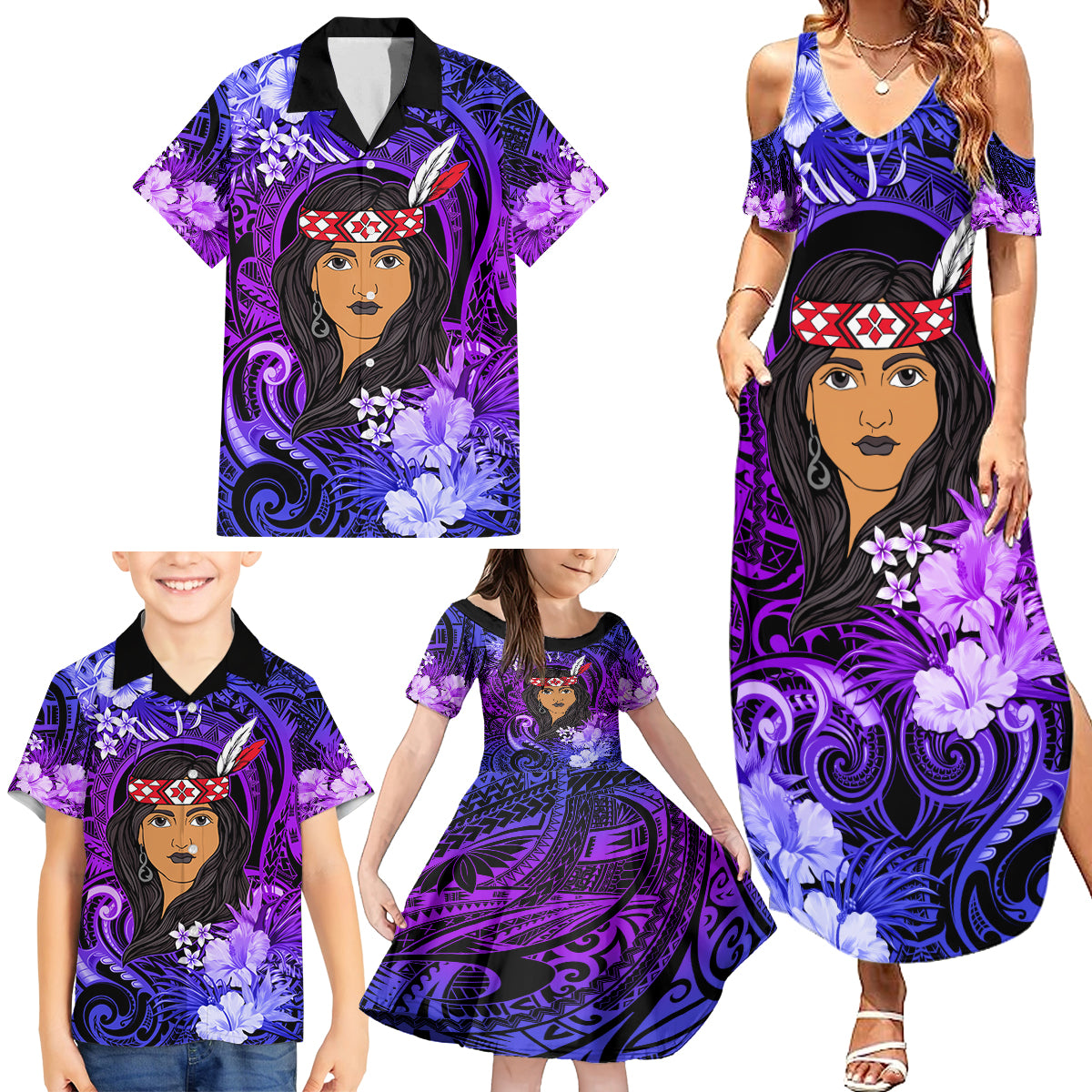 New Zealand Custom Women's Day Family Matching Summer Maxi Dress and Hawaiian Shirt Maori Girl Feathers of Hope - Purple LT9 - Polynesian Pride