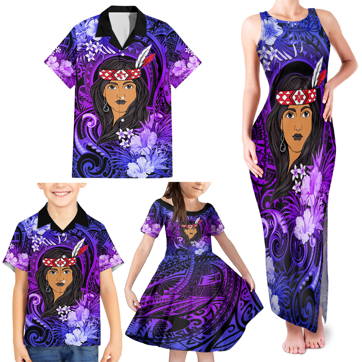 New Zealand Custom Women's Day Family Matching Tank Maxi Dress and Hawaiian Shirt Maori Girl Feathers of Hope - Purple LT9 - Polynesian Pride