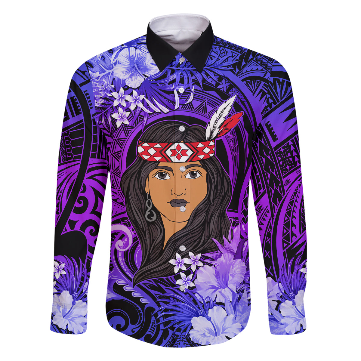 New Zealand Custom Women's Day Family Matching Tank Maxi Dress and Hawaiian Shirt Maori Girl Feathers of Hope - Purple LT9 Dad's Shirt - Long Sleeve Purple - Polynesian Pride