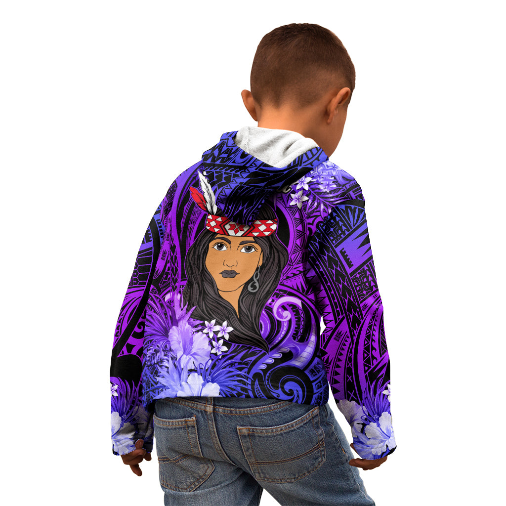 New Zealand Custom Women's Day Kid Hoodie Maori Girl Feathers of Hope - Purple LT9 - Polynesian Pride