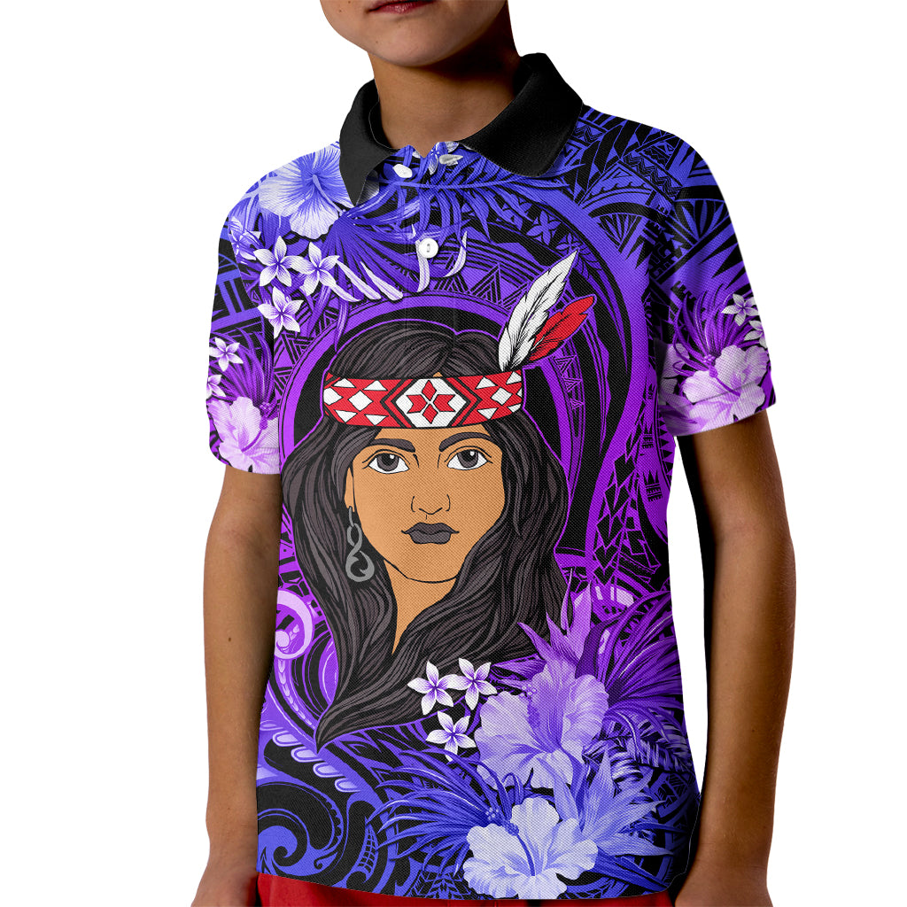 New Zealand Custom Women's Day Kid Polo Shirt Maori Girl Feathers of Hope - Purple LT9 Kid Purple - Polynesian Pride