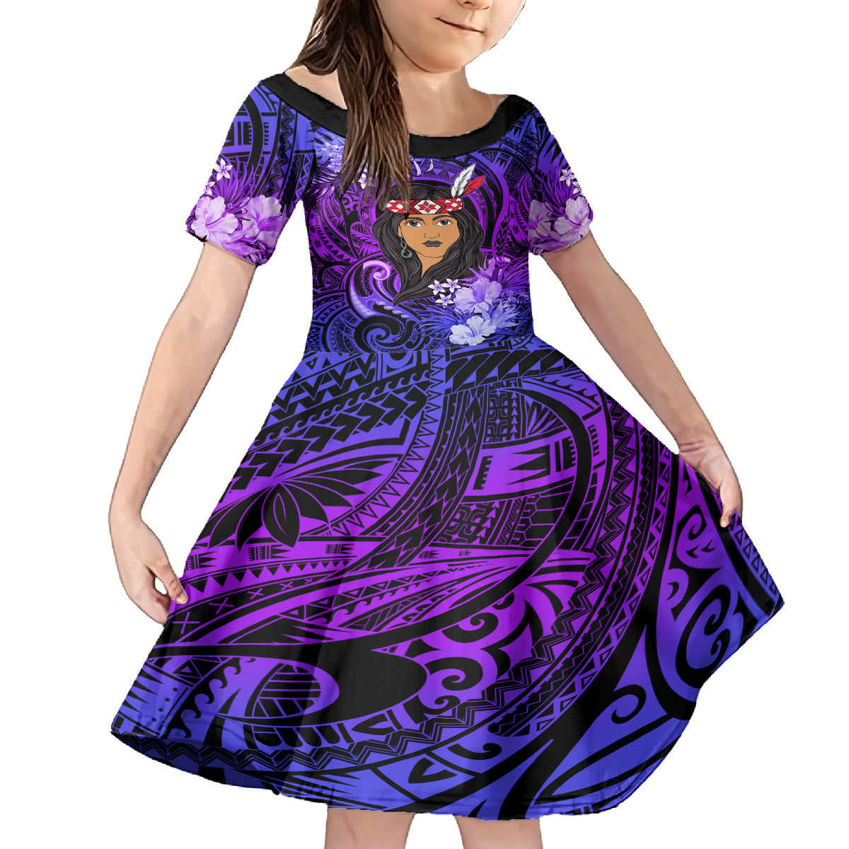 New Zealand Custom Women's Day Kid Short Sleeve Dress Maori Girl Feathers of Hope - Purple LT9 KID Purple - Polynesian Pride