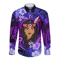 New Zealand Custom Women's Day Long Sleeve Button Shirt Maori Girl Feathers of Hope - Purple LT9 Unisex Purple - Polynesian Pride