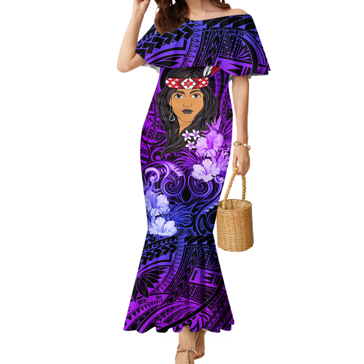 New Zealand Custom Women's Day Mermaid Dress Maori Girl Feathers of Hope - Purple LT9 Women Purple - Polynesian Pride