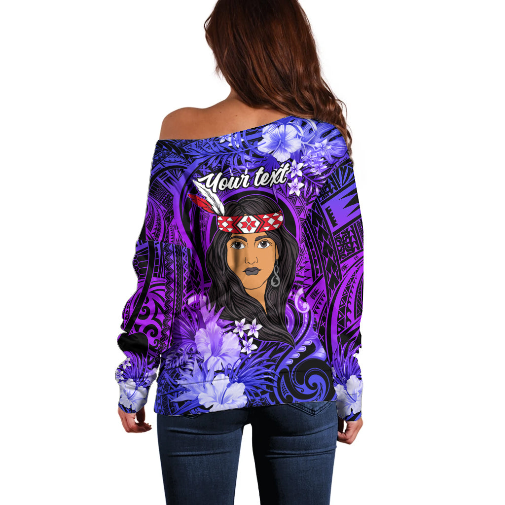 New Zealand Custom Women's Day Off Shoulder Sweater Maori Girl Feathers of Hope - Purple LT9 - Polynesian Pride