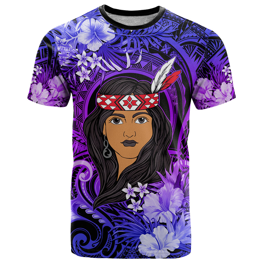 New Zealand Custom Women's Day T Shirt Maori Girl Feathers of Hope - Purple LT9 Purple - Polynesian Pride