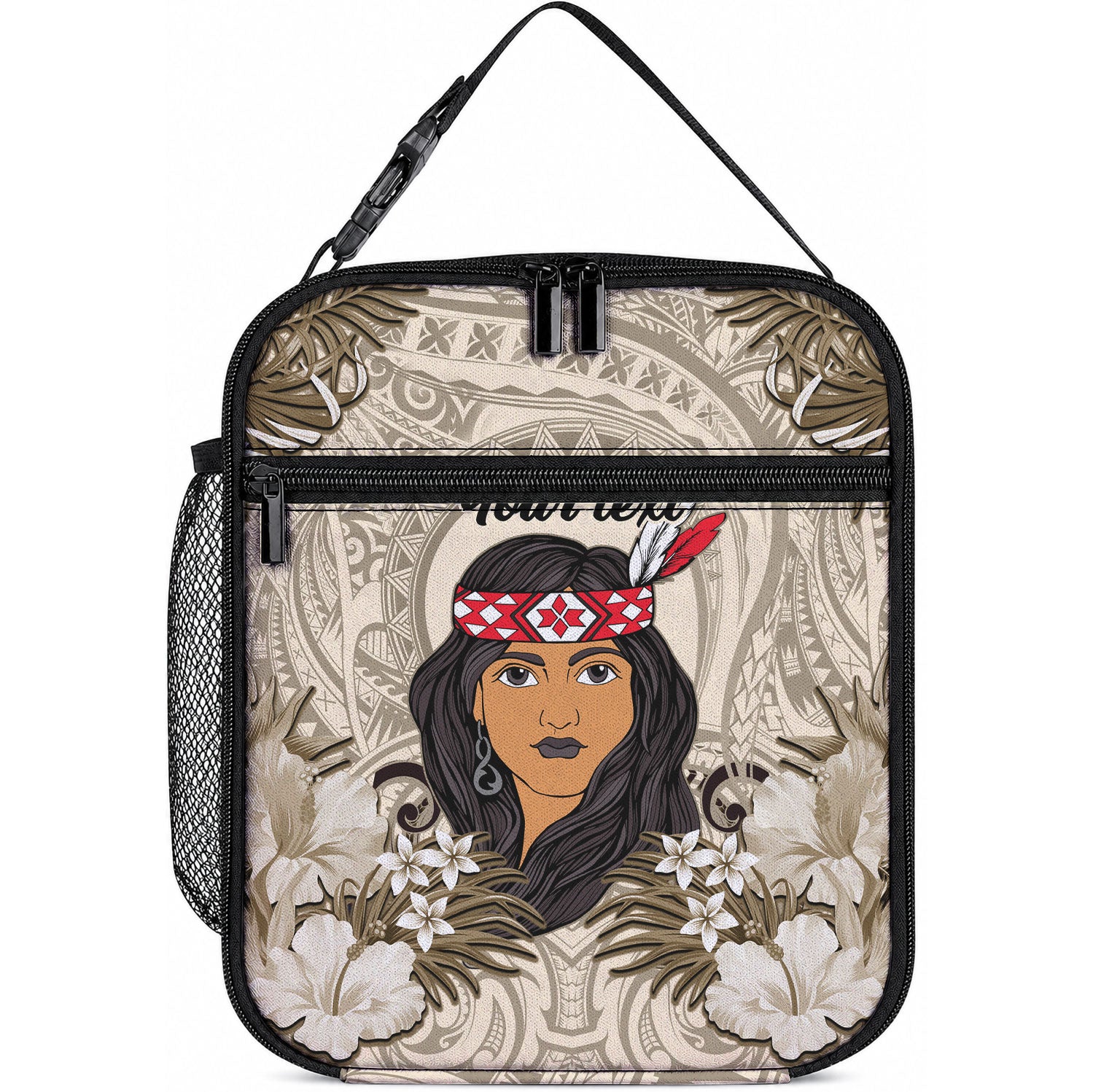 Personalized New Zealand Women's Day Lunch Bag Maori Girl Feathers of Hope - Beige LT9 10.2 × 8.3 × 4.3 inch Beige - Polynesian Pride