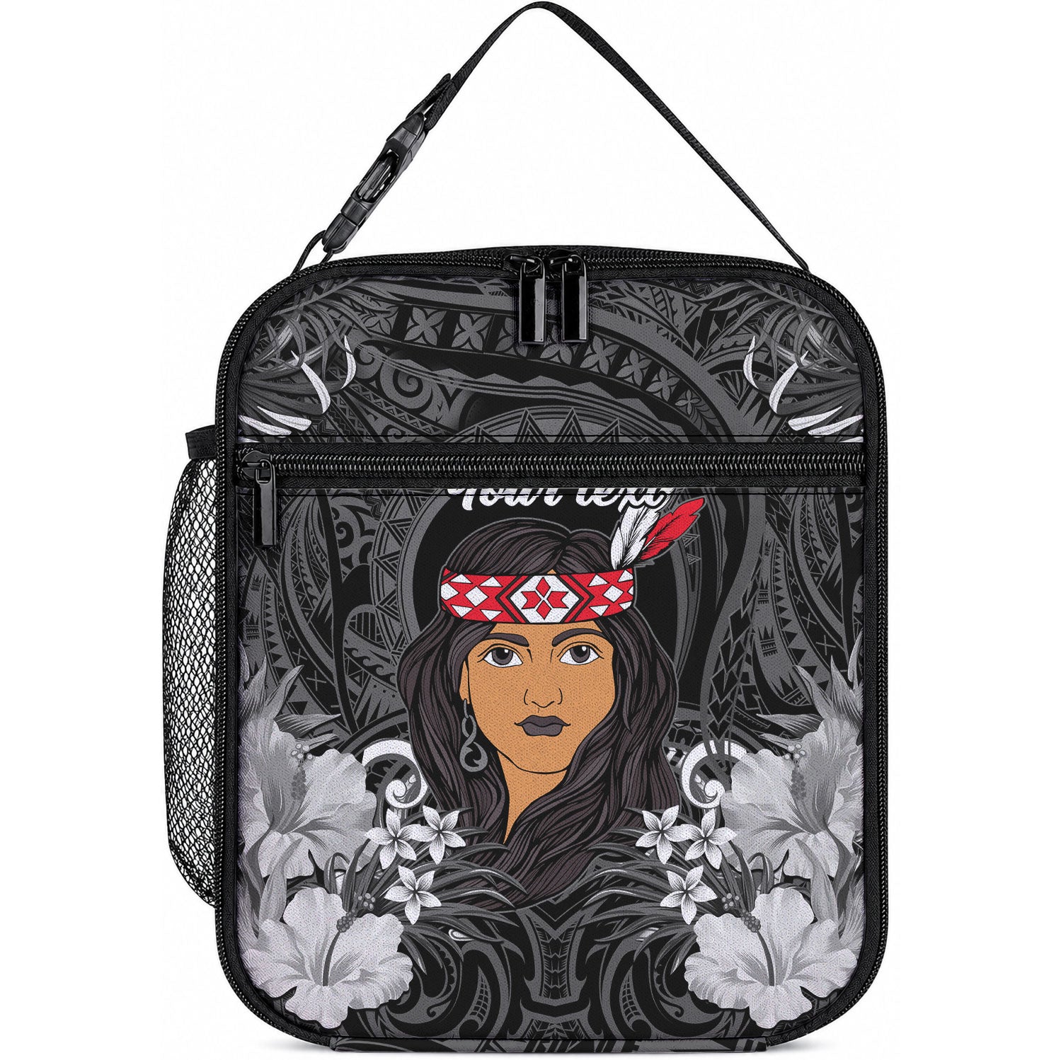 New Zealand Custom Women's Day Lunch Bag Maori Girl Feathers of Hope - Black LT9 10.2 × 8.3 × 4.3 inch Black - Polynesian Pride