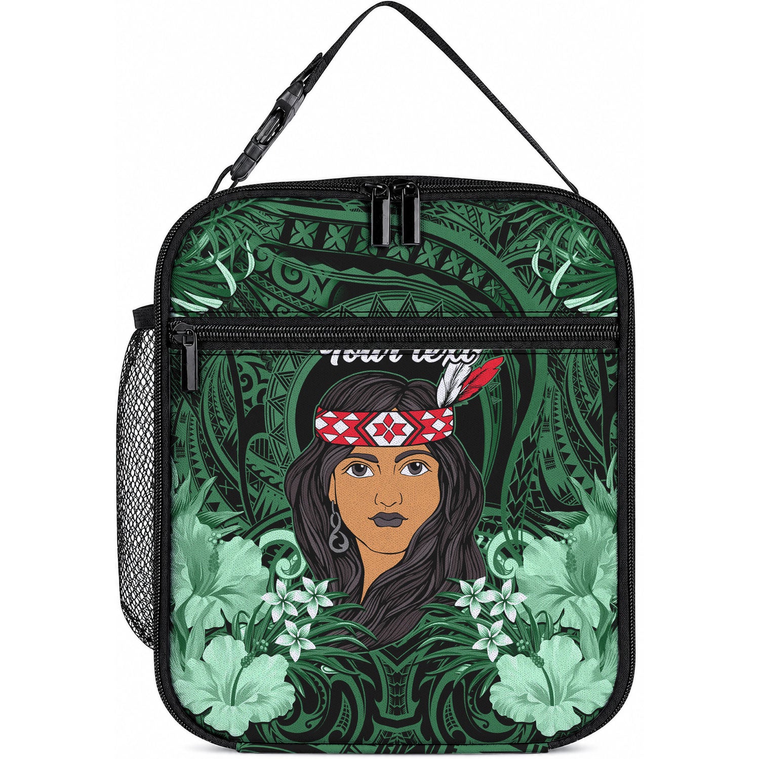 New Zealand Custom Women's Day Lunch Bag Maori Girl Feathers of Hope - Green LT9 10.2 × 8.3 × 4.3 inch Green - Polynesian Pride