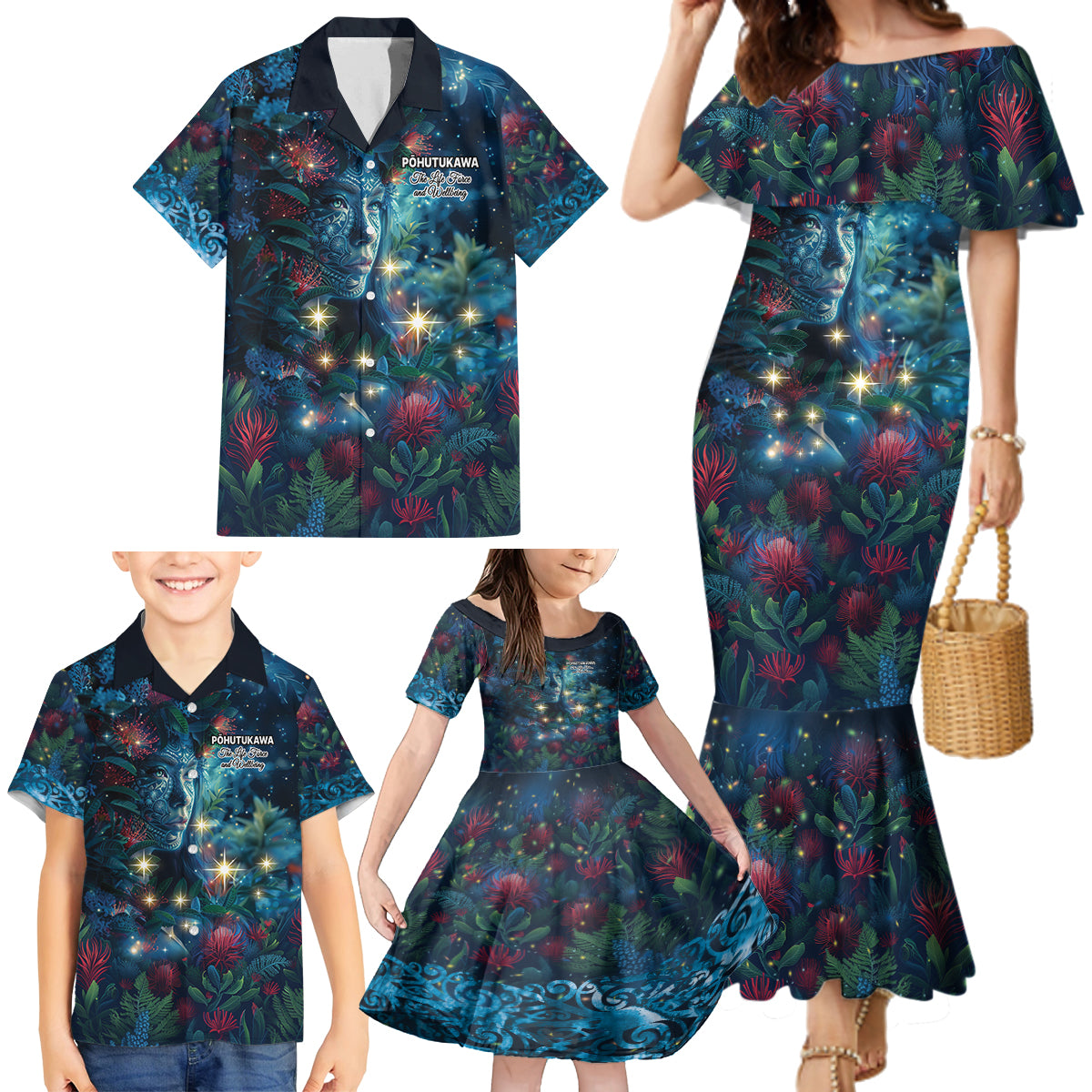 New Zealand Matariki Pohutukawa Family Matching Mermaid Dress and Hawaiian Shirt Te Mauri te Ora