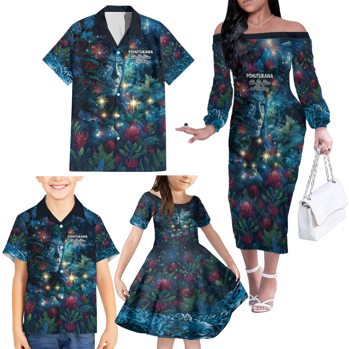 New Zealand Matariki Pohutukawa Family Matching Off The Shoulder Long Sleeve Dress and Hawaiian Shirt Te Mauri te Ora