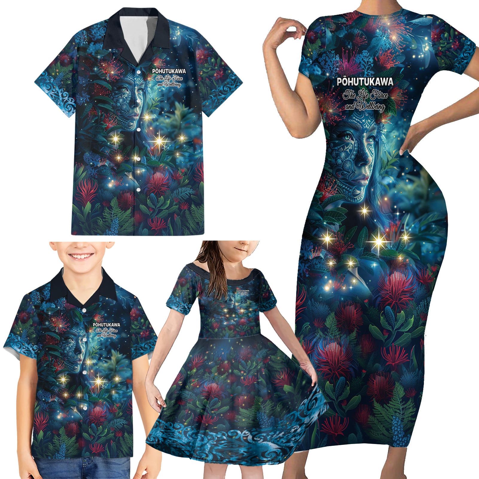 New Zealand Matariki Pohutukawa Family Matching Short Sleeve Bodycon Dress and Hawaiian Shirt Te Mauri te Ora