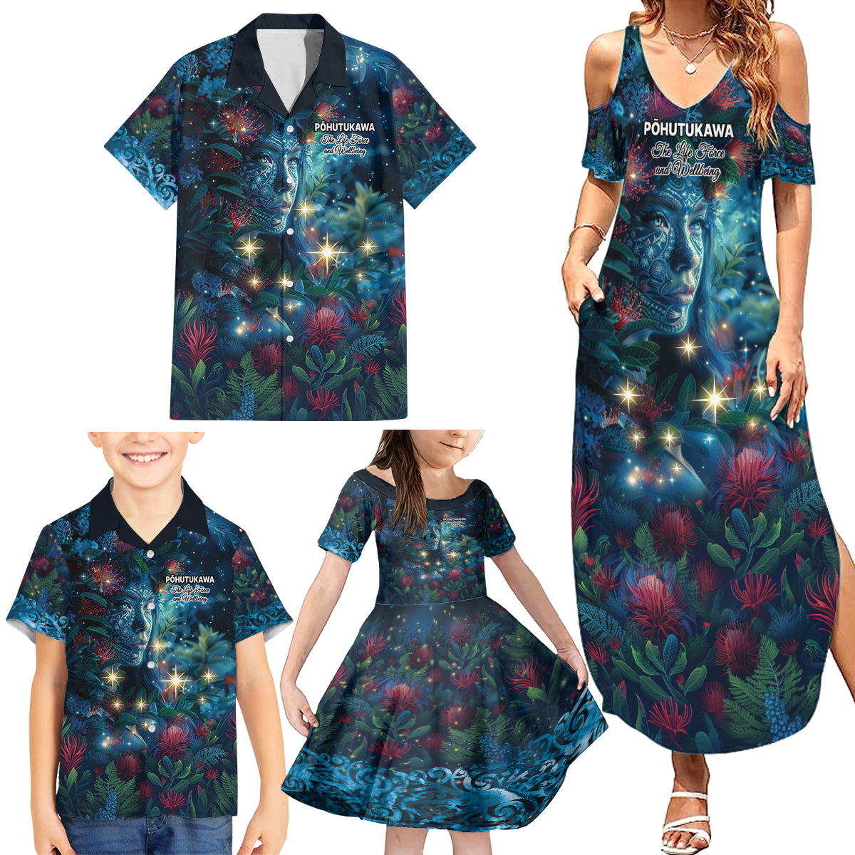 New Zealand Matariki Pohutukawa Family Matching Summer Maxi Dress and Hawaiian Shirt Te Mauri te Ora