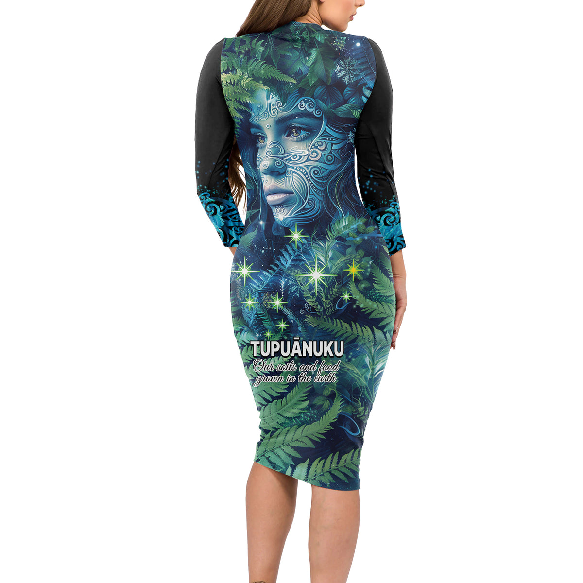 New Zealand Matariki Tupuanuku Long Sleeve Bodycon Dress Te Wā o te Hauhake